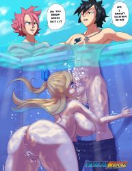 Rule 34 | 1girl, 2boys, absurdres, asphyxiation, breasts, cleavage, drowning, fairy tail, fellatio, fingering, gray fullbuster, highres, huge breasts, ichduhernz, large breasts, long hair, looking at viewer, lucy heartfilia, multiple boys, nail polish, natsu dragneel, netorare, oral, partially submerged, stealth fellatio, stealth sex, underwater
