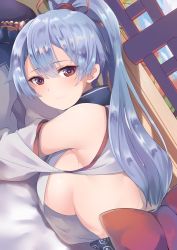 Rule 34 | 1girl, absurdres, arms up, bare shoulders, bed sheet, blue hair, blush, bow, breasts, brown eyes, closed mouth, clothing cutout, commentary request, dutch angle, dyson (edaokunnsaikouya), fate/grand order, fate (series), hair between eyes, hair ribbon, high ponytail, highres, large breasts, looking at viewer, looking to the side, lying, on stomach, own hands together, ponytail, red bow, red ribbon, ribbon, shoulder cutout, sideboob, sidelocks, smile, solo, tomoe gozen (fate)
