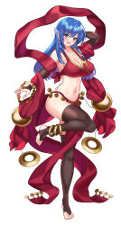 Rule 34 | 1girl, :d, absurdres, alternate costume, barefoot, blue eyes, blue hair, blush, breasts, caeda (fire emblem), cleavage, dancer, dancing, female focus, fire emblem, fire emblem: mystery of the emblem, full body, hair ornament, harem outfit, highres, large breasts, long hair, looking at viewer, matching hair/eyes, midriff, navel, nez-box, nintendo, open mouth, panties, pelvic curtain, red panties, slave, smile, solo, thighhighs, toeless legwear, underwear, white background