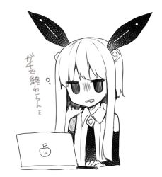Rule 34 | 1girl, ai-san (ikeuchi tanuma), bad id, bad twitter id, bare shoulders, brand name imitation, collared shirt, computer, detached sleeves, drooling, empty eyes, gloom (expression), greyscale, ikeuchi tanuma, jitome, laptop, long hair, looking at viewer, mechanical ears, monochrome, mouth drool, necktie, original, parted lips, shirt, simple background, sleeveless, sleeveless shirt, solo, translation request, upper body, white background
