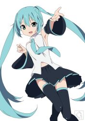Rule 34 | 1girl, anime coloring, aqua eyes, aqua hair, aqua necktie, armpits, artist logo, bare shoulders, between breasts, black skirt, black sleeves, black thighhighs, breasts, commentary, detached sleeves, feet out of frame, foreshortening, giryu, hatsune miku, highres, long hair, looking at viewer, midriff, miniskirt, navel, necktie, necktie between breasts, open mouth, outstretched arm, pleated skirt, reaching, reaching towards viewer, shirt, skirt, sleeveless, sleeveless shirt, small breasts, smile, solo, thighhighs, twintails, very long hair, vocaloid, white background, white shirt, zettai ryouiki