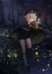 Rule 34 | 1boy, :o, absurdres, armor, black footwear, black hat, black jacket, black shorts, cape, commentary request, crossed bangs, fireflies, forest, full body, green eyes, hair between eyes, hair flaps, hand up, hat, highres, hotarumaru, jacket, japanese armor, japanese clothes, kote, legwear garter, long sleeves, looking at viewer, lower teeth only, male focus, military, military hat, military uniform, mitsuki fuse, name connection, nature, night, object namesake, ootachi, open mouth, outdoors, partial commentary, shadow, sheath, sheathed, shoes, short shorts, shorts, shoulder armor, sidelocks, socks, sode, solo, standing, standing on one leg, sword, teeth, touken ranbu, uniform, water, weapon, weapon on back, wetland, white socks, yellow eyes