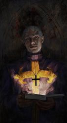 Rule 34 | 1boy, absurdres, book, cross, crucifix, dark-skinned male, dark skin, enrico pucci, expressionless, high collar, highres, holding, holding book, jewelry, jojo no kimyou na bouken, looking at viewer, male focus, necklace, priest, procreate (medium), purple robe, robe, shadow, short hair, solo, standing, stone ocean, very short hair, vesta zc, white hair