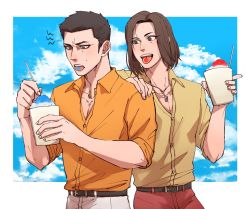 Rule 34 | 2boys, aged down, belt, black hair, blouse, blue sky, brain freeze, brown hair, cloud, coco (h221414), colored tongue, commentary request, drinking straw, food, friends, hand on another&#039;s shoulder, highres, jewelry, kiryu kazuma, male focus, medium hair, multiple boys, necklace, nishikiyama akira, orange shirt, outside border, pants, popped collar, red pants, ryuu ga gotoku (series), ryuu ga gotoku 0, shaved ice, shirt, short hair, sky, sleeves rolled up, summer, white pants, yellow shirt