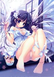 Rule 34 | 1girl, :3, :o, absurdres, anklet, bare legs, barefoot, blue eyes, blush, bracelet, breasts, cleavage, curtains, dress, feet, food, full body, halterneck, highres, huge filesize, ice cream, izumi tsubasu, jewelry, knees up, looking at viewer, nail polish, panties, pantyshot, parted lips, pinky out, purple hair, sitting, solo, tareme, toes, underwear, white panties, window