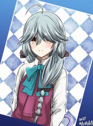 Rule 34 | 1girl, ahoge, argyle, argyle background, argyle clothes, artist name, black bow, black ribbon, blue bow, blue bowtie, blush, bow, bowtie, braid, collared shirt, commentary request, dated, dress, eyes visible through hair, grey hair, h2 (h20000000), hair bow, hair over eyes, hair over shoulder, hair ribbon, hamanami (kancolle), highres, kantai collection, long hair, long sleeves, looking at viewer, outline, pleated dress, purple dress, ribbon, school uniform, shirt, single braid, smile, solo, tress ribbon, umbrella, upper body, white outline, white shirt, yellow eyes