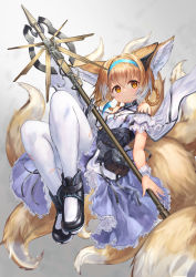 Rule 34 | 1girl, absurdres, animal ears, arknights, bare shoulders, black footwear, blonde hair, blue dress, blue headband, blush, braid, braided hair rings, braided ponytail, commentary, dress, earpiece, floating, footwear request, fox ears, fox tail, frilled dress, frills, headband, highres, holding, holding staff, holding weapon, kitsune, kyuubi, looking at viewer, material growth, multicolored hair, multiple tails, oripathy lesion (arknights), pantyhose, pouch, short hair, smile, solo, staff, suzuran (arknights), tail, taku57, torn clothes, torn pantyhose, weapon, white hair, white pantyhose, yellow eyes