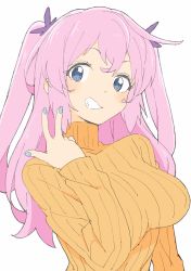 Rule 34 | 1girl, absurdres, bad id, bad twitter id, blue eyes, blue nails, blush, breasts, donguri suzume, fingernails, grin, hand up, highres, large breasts, long hair, long sleeves, looking at viewer, nail polish, orange sweater, original, pink hair, ribbed sweater, simple background, smile, solo, sweater, twintails, upper body, v, white background