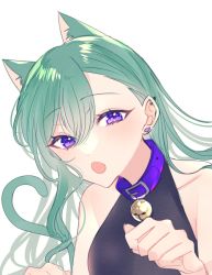 Rule 34 | 1girl, :o, animal ear fluff, animal ears, bell, breasts, cat ears, cat girl, cat tail, clenched hand, collarbone, green hair, halterneck, hatori naco, kemonomimi mode, looking at viewer, medium breasts, open mouth, paw pose, portrait, purple eyes, solo, tail, transparent background, virtual youtuber, vspo!, yakumo beni