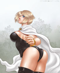 Rule 34 | 1girl, arisen (dragon&#039;s dogma), arusha, ass, blonde hair, blue eyes, boots, bracelet, breasts, cape, dragon&#039;s dogma, dragon&#039;s dogma (series), female focus, gradient background, jewelry, large breasts, leotard, lips, short hair, solo, thigh boots, thighhighs