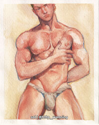 Rule 34 | 1boy, abs, artist name, bara, border, bulge, check medium, cowboy shot, embroidery (medium), faux traditional media, fundoshi, groin, hand on own chest, head tilt, highres, japanese clothes, large pectorals, looking at viewer, male focus, muscular, muscular male, navel, one eye closed, one piece, pectorals, roronoa zoro, scar, short hair, sol (http wanning), solo, standing, stomach, thighs, twitter username, white border