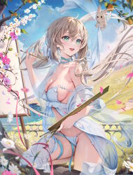Rule 34 | 1girl, absurdres, ahoge, babydoll, bare shoulders, blue sky, blush, breasts, canvas (object), cleavage, easel, green eyes, highres, houkisei, large breasts, light brown hair, long hair, open mouth, original, paintbrush, painting (action), palette (object), sky, smile, solo, thighs, twintails