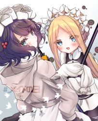 Rule 34 | 2girls, abigail williams (fate), abigail williams (festival outfit) (fate), apron, black dress, blonde hair, blue eyes, blush, breasts, dress, fate/grand order, fate (series), forehead, grey jacket, grin, heroic spirit festival outfit, highres, jacket, katsushika hokusai (fate), katsushika hokusai (festival outfit) (fate), large breasts, long hair, long sleeves, looking at viewer, maid headdress, multiple girls, official alternate costume, parted bangs, purple hair, short hair, sidelocks, small breasts, smile, touko 56, white apron