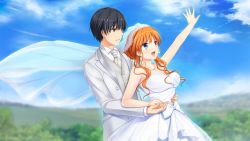 Rule 34 | 1boy, 1girl, akino subaru, aoi hinata (gin&#039;iro haruka), arm up, black hair, blouse, blue eyes, blue sky, blurry, blurry background, bow, breasts, bridal veil, bride, brown eyes, cleavage, cloud, collarbone, collared shirt, day, dress, game cg, gin&#039;iro haruka, grey jacket, grey necktie, grey vest, hair over shoulder, hand on another&#039;s hip, holding hands, husband and wife, jacket, jewelry, large breasts, long hair, looking at another, looking up, necklace, necktie, niimi yukito, open clothes, open jacket, orange hair, outdoors, outstretched arm, ring, shirt, short hair, sidelocks, sky, sleeveless, sparkle, strapless, strapless dress, veil, vest, wedding dress, wedding ring, white bow, white dress, white shirt, wing collar