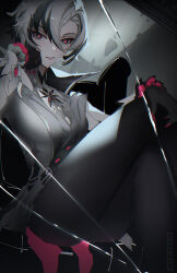 Rule 34 | 1girl, arlecchino (genshin impact), artist name, black eyes, black hair, black hands, black pants, breasts, couch, crossed legs, fingernails, genshin impact, grey background, grey jacket, hair between eyes, hand on own face, hand on own knee, hand up, head rest, highres, jacket, long fingernails, looking at viewer, medium breasts, multicolored hair, on couch, pants, pantyhose, parted lips, red nails, red pupils, shengtaki, short hair, sitting, solo, streaked hair, symbol-shaped pupils, two-tone hair, white hair, x-shaped pupils