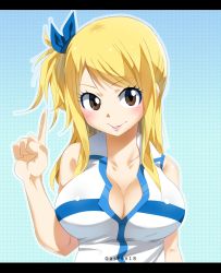 Rule 34 | 1girl, absurdres, artist name, bare shoulders, blonde hair, blue background, blue ribbon, blush, breasts, brown eyes, cleavage, collarbone, fairy tail, gaston18, hair ribbon, highres, large breasts, long hair, looking at viewer, lucy heartfilia, ribbon, shirt, sleeveless, smile, solo, upper body, white shirt