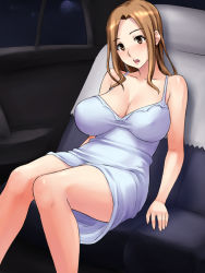 Rule 34 | 1girl, blush, breasts, brown eyes, brown hair, car, car interior, cleavage, dress, highres, huge breasts, legs, long hair, looking down, motor vehicle, nightmare express, nude, open mouth, sitting, solo, thighs