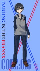 Rule 34 | 10s, 1boy, absurdres, black hair, blue eyes, blue pants, brown footwear, commentary request, darling in the franxx, english text, grey hoodie, hand in pocket, highres, hiro (darling in the franxx), hood, hoodie, male focus, nakoya (nane cat), pants, shoes, short hair, solo
