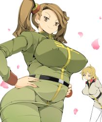 Rule 34 | 10s, 2girls, belt, blonde hair, breasts, brown eyes, brown hair, cameltoe, covered erect nipples, covered navel, female focus, from below, gundam, gundam build fighters, gundam build fighters try, hair ornament, hand on own hip, highres, hoshino fumina, huge breasts, impossible clothes, impossible shirt, long hair, long twintails, looking at viewer, multiple girls, name john, navel, plump, ponytail, sazaki kaoruko, shirt, simple background, smile, standing, twintails, uniform