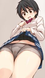 Rule 34 | 1girl, :d, black hair, blush, bow, boyshort panties, brown eyes, cameltoe, clothes lift, dated, female focus, from below, gin (ginshari), legs together, lifting own clothes, looking at viewer, looking down, open mouth, original, pleated skirt, school uniform, short hair, simple background, skirt, skirt lift, smile, solo, sweatdrop, tomboy