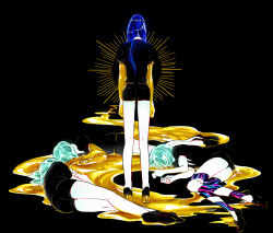 Rule 34 | 4others, age progression, androgynous, aqua hair, arms at sides, black background, black footwear, black necktie, blue hair, crystal hair, facing away, gem uniform (houseki no kuni), golden arms, halo, high heels, highres, houseki no kuni, liquid, loafers, long hair, lying, multiple others, multiple persona, necktie, on ground, on side, other focus, phosphophyllite, phosphophyllite (ll), puffy short sleeves, puffy sleeves, shoes, short hair, short sleeves, shorts, solo focus, spoilers, standing, stiletto heels, tezo (mokka mk)