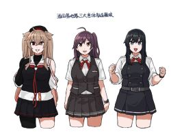 3girls ahoge asashio_(kancolle) asashio_kai_ni_(kancolle) belt black_belt black_hair black_serafuku black_skirt blue_eyes brown_hair choker cowboy_shot dress grey_skirt grey_vest hagikaze_(kancolle) heterochromia kantai_collection long_hair looking_at_viewer miniskirt multiple_girls murasame_(kancolle) murasame_kai_ni_(kancolle) open_mouth orange_eyes pinafore_dress pleated_skirt purple_eyes purple_hair red_choker red_eyes sailor_collar school_uniform serafuku shirt side_ponytail simple_background skirt sleeveless sleeveless_dress smile suspender_skirt suspenders teeth tongue tsukigime two_side_up vest white_background white_sailor_collar white_shirt