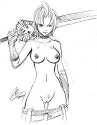Rule 34 | 00s, 1girl, 2004, breasts, choker, dated, female pubic hair, final fantasy, final fantasy x, final fantasy x-2, gloves, greyscale, medium breasts, monochrome, navel, nipples, paine, paine (ff10), pubic hair, short hair, sketch, smile, solo, square enix, sword, topless, weapon