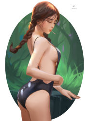 Rule 34 | 1girl, 2017, ass, backless swimsuit, bare back, black one-piece swimsuit, border, braid, braided ponytail, breasts, brown hair, candy, casual one-piece swimsuit, circle, dated, food, grass, highres, lollipop, looking down, messy hair, nose, one-piece swimsuit, original, outdoors, outside border, photo-referenced, shiny clothes, sideboob, solo, standing, swimsuit, thighs, tree, trung nguyen (windboi), twin braids, white border