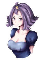 Rule 34 | 1girl, acerola (pokemon), aged up, blush, breasts, cleavage, creatures (company), dress, game freak, hairband, highres, ixjackiexx, large breasts, nintendo, pokemon, pokemon sm, purple eyes, purple hair, short hair, smile, solo, topknot, trial captain