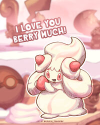 Rule 34 | :d, alcremie, alcremie (strawberry sweet), blurry, blurry background, commentary, creatures (company), english text, food, fruit, full body, game freak, gen 8 pokemon, highres, holding, holding food, holding fruit, kelvin-trainerk, nintendo, no humans, open mouth, outline, pink eyes, pokemon, pokemon (creature), pun, smile, solo, strawberry, twitter username, watermark