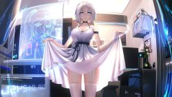 Rule 34 | 1girl, artist request, bare arms, black choker, blue eyes, blush, breasts, choker, cleavage, closed mouth, clothes lift, collarbone, dress, dress lift, fisheye, game cg, garter straps, half-closed eyes, indoors, large breasts, lifting own clothes, looking at viewer, medium hair, project venus, pussy juice, skindentation, sleeveless, sleeveless dress, solo, standing, straight hair, white dress, white hair, white legwear