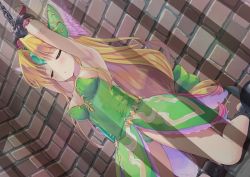 Rule 34 | armpits, arms up, blonde hair, breasts, brick wall, chain, cuffs, dress, dungeon, closed eyes, feathers, forehead jewel, gem, green dress, green panties, kneeling, long hair, low-tied long hair, panties, prison cell, restrained, ribbon, riesz, seiken densetsu, seiken densetsu 3, short dress, strapless, strapless dress, tenjou ryuka, thighs, underwear