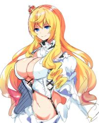 Rule 34 | 1girl, bad id, bad twitter id, blonde hair, blue eyes, breasts, bustier, cleavage, closed mouth, covered erect nipples, crown, detached sleeves, huge breasts, lion (warship girls r), long hair, looking at viewer, midriff, mini crown, navel, puffy sleeves, simple background, sketch, skirt, smile, solo, uiroutsuji yumihiko, upper body, warship girls r, wavy hair, white background, white skirt