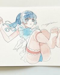 Rule 34 | 1girl, angel wings, artist name, ass, bare legs, barefoot, blue eyes, blue hair, blue leotard, blue shirt, breasts, bridal garter, crop top, feathered wings, feet, feet up, foot out of frame, frills, hand up, highres, legs, leotard, long hair, looking at viewer, medium breasts, non-web source, original, painting (medium), parted lips, photo (medium), ponytail, shirt, signature, simple background, soles, solo, srnmomo, swimsuit, thigh strap, thighs, toes, traditional media, watercolor (medium), white background, white wings, wings
