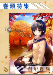 Rule 34 | 1girl, absurdres, autumn leaves, blue sky, brown eyes, brown hair, closed mouth, cloud, cloudy sky, coffee-kizoku, day, highres, long sleeves, looking at viewer, original, outdoors, pleated skirt, sailor collar, scan, scarf, school uniform, sitting, skirt, sky, smile, solo, thighhighs, winter clothes, zettai ryouiki