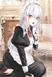 Rule 34 | 1girl, apron, blush, braid, breasts, bridal gauntlets, brown footwear, commentary request, cross, cross earrings, dress, earrings, highres, jewelry, juliet sleeves, kfr, large breasts, long hair, long sleeves, maid, maid apron, maid headdress, open mouth, original, puffy sleeves, shoes, sidelocks, sitting, wariza, white hair, yellow eyes