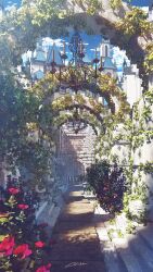 Rule 34 | arch, architecture, artist name, blue sky, box, building, bush, castle, chandelier, cloud, commentary request, day, flower, gate, highres, no humans, original, outdoors, plant, red flower, scenery, shadow, signature, sky, stone walkway, stone wall, treasure chest, vines, waisshu (sougyokyuu), wall, wooden box