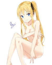 Rule 34 | 1girl, black ribbon, blonde hair, blush, breast hold, breasts, cleavage, covering privates, covering breasts, fang, hair between eyes, highres, looking at viewer, mojomaru, nude, ribbon, saenai heroine no sodatekata, sawamura spencer eriri, side ponytail, skinny, small breasts, solo, v, wavy mouth, white background