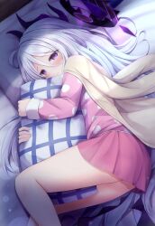 Rule 34 | 1girl, ass, bed, bed sheet, black horns, blue archive, blush, closed mouth, demon horns, feet out of frame, halo, highres, hina (blue archive), hina (pajamas) (blue archive), horns, long hair, long sleeves, lying, multiple horns, natsu (927013), official alternate costume, on side, pajamas, pillow, pink pajamas, polka dot, polka dot pajamas, purple eyes, solo, white hair