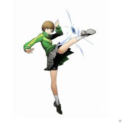 Rule 34 | 1girl, blazblue, blazblue: cross tag battle, fighting stance, jersey, kicking, official art, persona, persona 4, persona 4: the ultimate in mayonaka arena, satonaka chie, shorts, shorts under skirt, solo, tarot, the chariot (tarot)