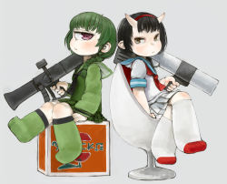 Rule 34 | 2girls, black hair, black neckerchief, blue sailor collar, character request, closed mouth, commentary request, cyclops, ebimomo, finger on trigger, from side, green hair, green legwear, green sailor collar, green shirt, green skirt, grey background, gun, gundam, hairband, holding, holding gun, holding weapon, horns, long sleeves, looking at viewer, looking to the side, m1 bazooka, mecha musume, multiple girls, neckerchief, one-eyed, personification, pleated skirt, red eyes, rocket launcher, rx-78-2, sailor collar, school uniform, serafuku, shirt, short hair, short sleeves, simple background, sitting, skirt, socks, weapon, white legwear, white shirt, white skirt, zaku