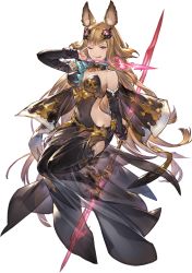 Rule 34 | 1girl, animal ears, bare shoulders, black dress, breasts, brown eyes, brown hair, cleavage, covered navel, dress, erune, full body, granblue fantasy, granblue fantasy versus, hair ornament, highres, holding, holding weapon, lips, long hair, looking at viewer, medium breasts, metera (granblue fantasy), minaba hideo, mole, mole under mouth, nail polish, official art, one eye closed, see-through, simple background, smile, solo, thighhighs, tongue, tongue out, weapon, white background