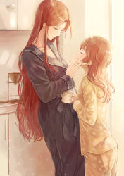 Rule 34 | 2girls, absurdres, alternate costume, bathrobe, brown eyes, brown hair, cabinet, coffee maker, collarbone, commentary request, counter, cup, closed eyes, hair down, hand on another&#039;s chin, hands on another&#039;s stomach, height difference, highres, holding, holding cup, idolmaster, idolmaster cinderella girls, indoors, kitchen, leaning on object, light particles, long hair, looking at another, morning, mug, multiple girls, pajamas, peppe, shiina noriko, sidelocks, smile, touching another&#039;s chin, very long hair, yuri, zaizen tokiko