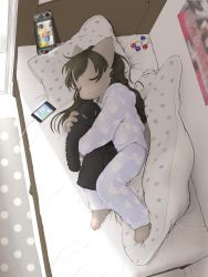 Rule 34 | 1girl, 3yo4yo5yo, animal ears, black hair, cat ears, cellphone, charging, child, closed eyes, female focus, from above, furry, furry female, grey fur, hair bobbles, hair ornament, handheld game console, highres, long hair, lying, nintendo switch, hugging object, on bed, on side, original, pajamas, phone, pillow, sleeping, smartphone, solo, stuffed toy