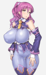 Rule 34 | 1girl, bare shoulders, bodysuit, breasts, detached sleeves, grey background, huge breasts, impossible bodysuit, impossible clothes, long hair, looking at viewer, mole, mole under eye, nagase haruhito, original, parted lips, ponytail, purple bodysuit, purple hair, skin tight, solo, thigh gap, wide hips, yellow eyes