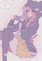 Rule 34 | 1girl, backpack, bag, black jacket, black thighhighs, brown skirt, collared shirt, danganronpa (series), danganronpa 2: goodbye despair, feet out of frame, handheld game console, hands up, heart, highres, holding, holding handheld game console, hood, hood up, hooded jacket, jacket, long sleeves, miniskirt, nanami chiaki, neck ribbon, open clothes, open jacket, pink bag, pink eyes, pink ribbon, pleated skirt, ribbon, ru-pe (gstm 0915), shirt, shirt tucked in, skirt, solo, thighhighs, white background, white shirt
