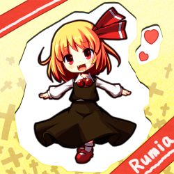 Rule 34 | 1girl, blonde hair, character name, chibi, cross, dress, drooling, embodiment of scarlet devil, fang, female focus, full body, hair ribbon, heart, jinseitunda, open mouth, outstretched arms, red eyes, ribbon, rumia, saliva, shimafuguchan, short hair, simple background, solo, spread arms, touhou