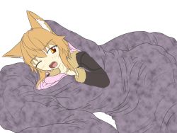 Rule 34 | 1girl, animal ears, blonde hair, kaname (artist), one eye closed, open mouth, scared, simple background, vore, white background, yellow eyes