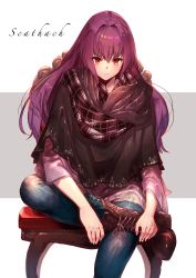 Rule 34 | 1girl, absurdres, blue pants, blush, boots, border, breasts, brown footwear, chair, character name, closed mouth, contemporary, crossed legs, denim, fate/grand order, fate (series), grey background, hair between eyes, highres, jeans, large breasts, long hair, long sleeves, looking at viewer, nakanishi tatsuya, pants, purple hair, purple scarf, purple shirt, red eyes, revision, scarf, scathach (fate), shirt, sitting, smile, two-tone background, white background