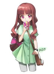Rule 34 | 1girl, 2022, artist request, blush, breasts, brown hair, dated, digimon, digimon ghost game, holding, holding phone, long hair, looking at viewer, phone, pink eyes, selfie, simple background, skirt, smile, solo, standing, tsukiyono ruli, very long hair, white background